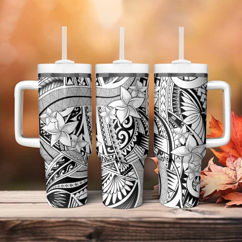 White Pacific Flowers Tribal Polynesian Custom Stanley Quencher 40oz Stainless Steel Tumbler With Handle - Threewoofs - Image 4
