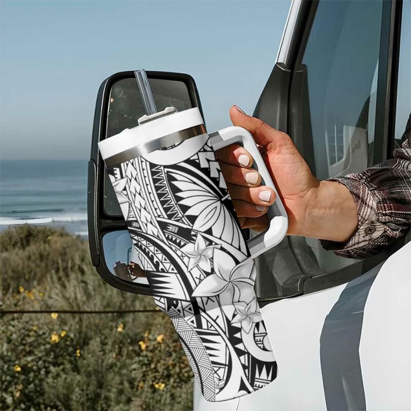 White Pacific Flowers Tribal Polynesian Custom Stanley Quencher 40oz Stainless Steel Tumbler With Handle - Threewoofs - Image 7