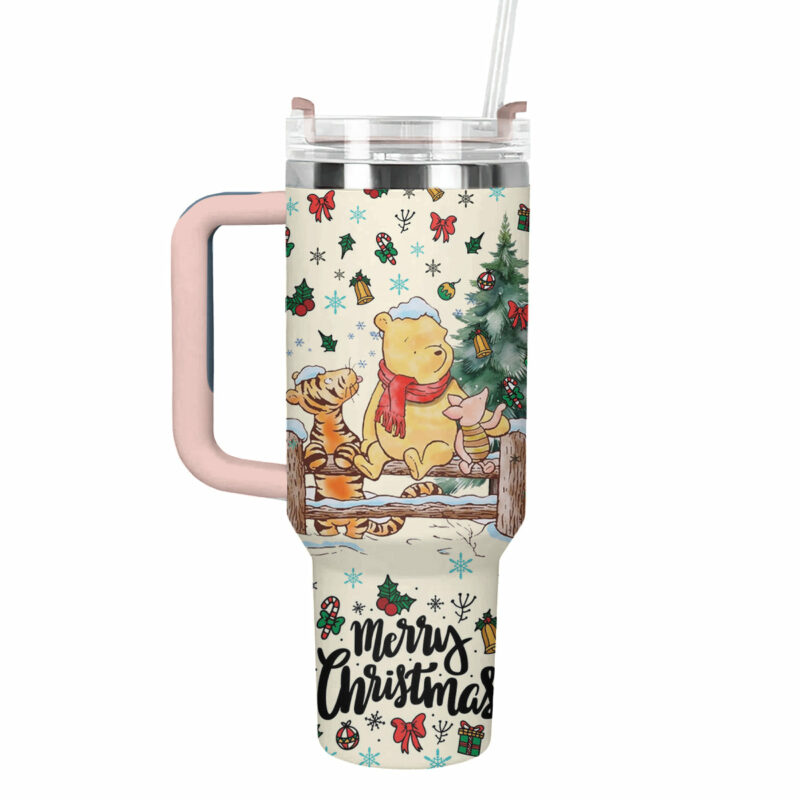 Winnie And Friends Christmas Custom Stanley Quencher 40oz Stainless Steel Tumbler With Handle - Threewoofs