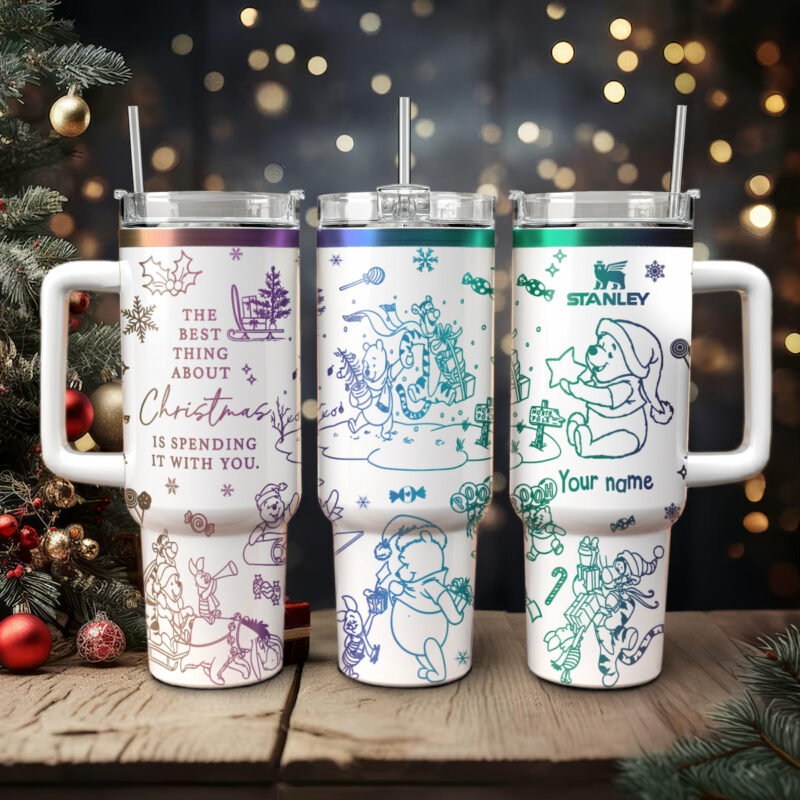 Winnie The Pooh Cartoon Christmas Custom Stanley Quencher 40oz Stainless Steel Tumbler With Handle - Threewoofs