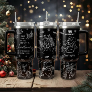 Winnie The Pooh Cartoon Christmas Custom Stanley Quencher 40oz Stainless Steel Tumbler With Handle - Threewoofs