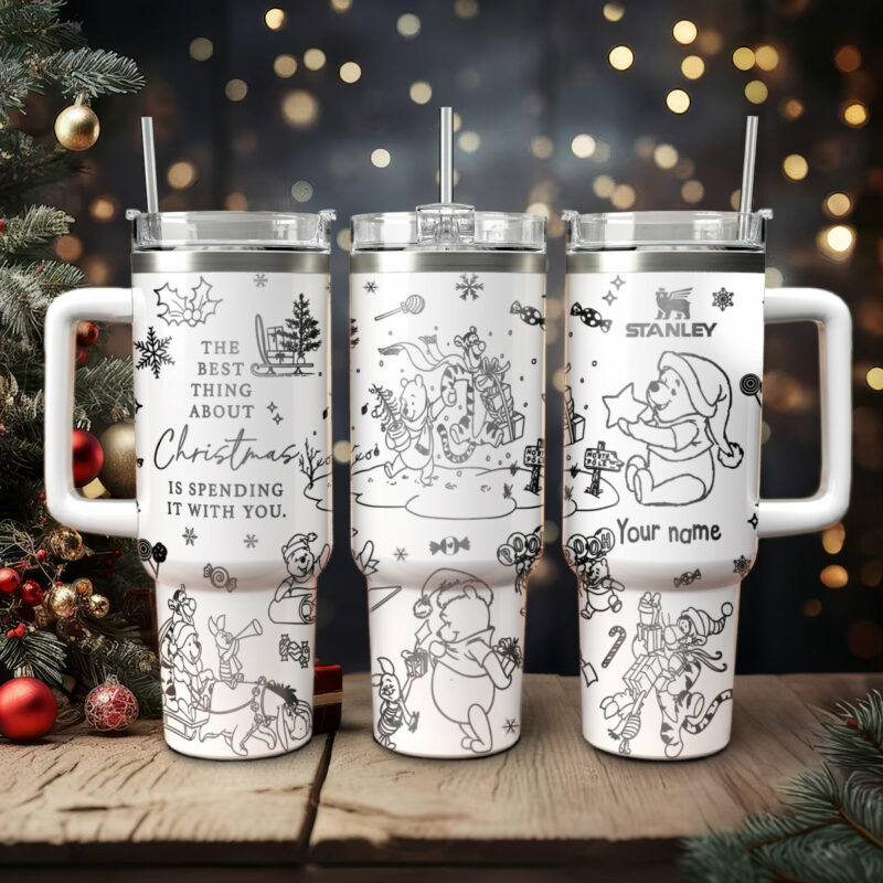 Winnie The Pooh Cartoon Christmas Custom Stanley Quencher 40oz Stainless Steel Tumbler With Handle - Threewoofs