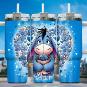 Personalized Eeyore Blue Floral Tumbler with Straw - Unique Custom Gift