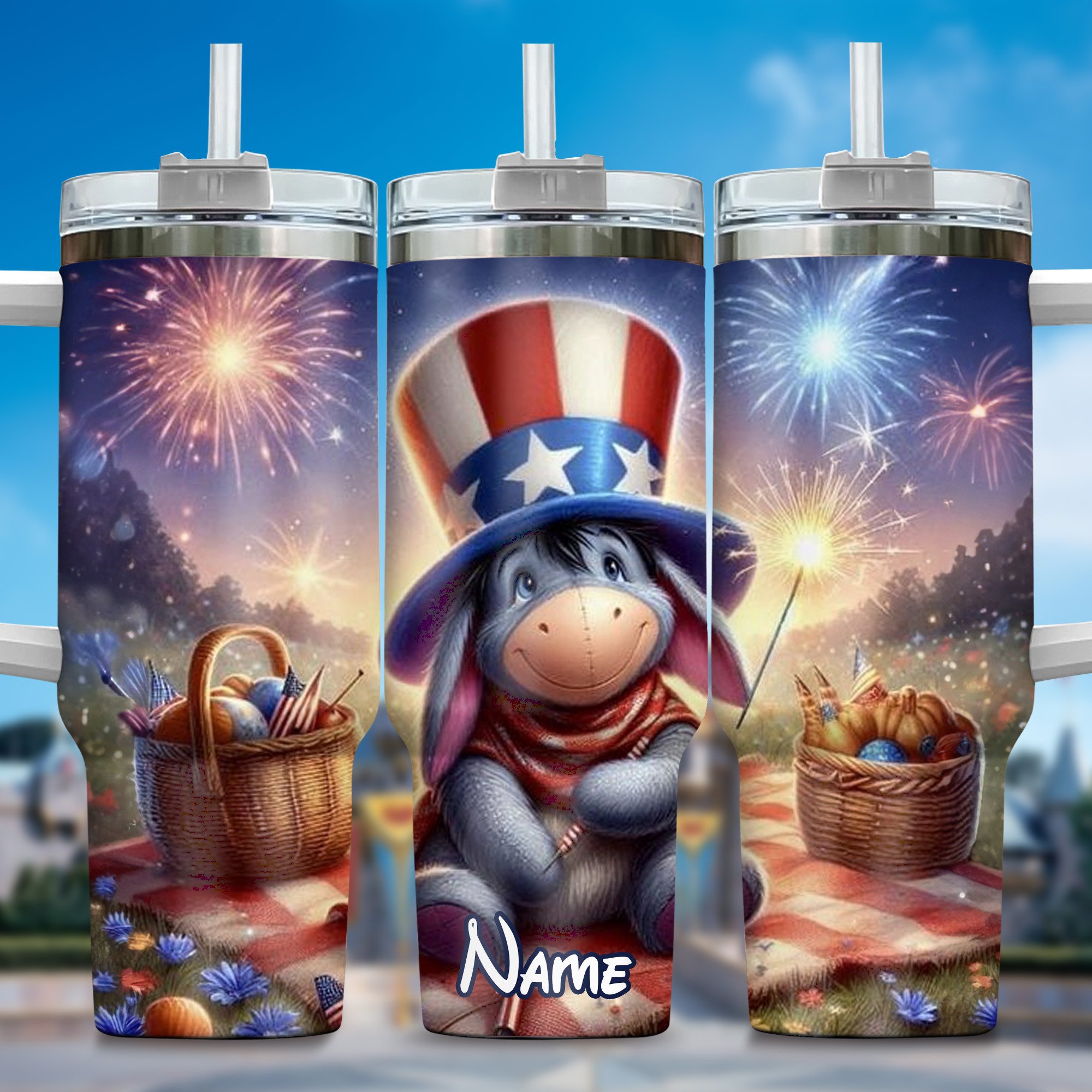Personalized Patriotic Character Tumbler - Custom Name Fireworks Design