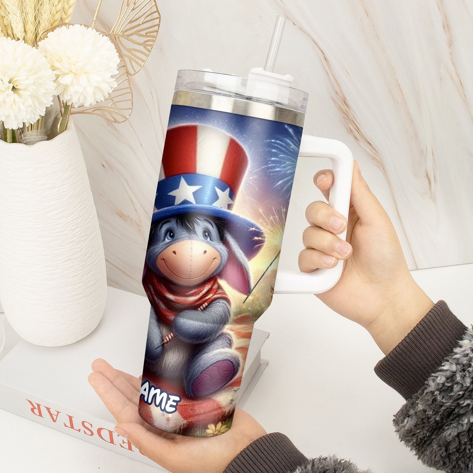 Personalized Patriotic Character Tumbler - Custom Name Fireworks Design - Image 4