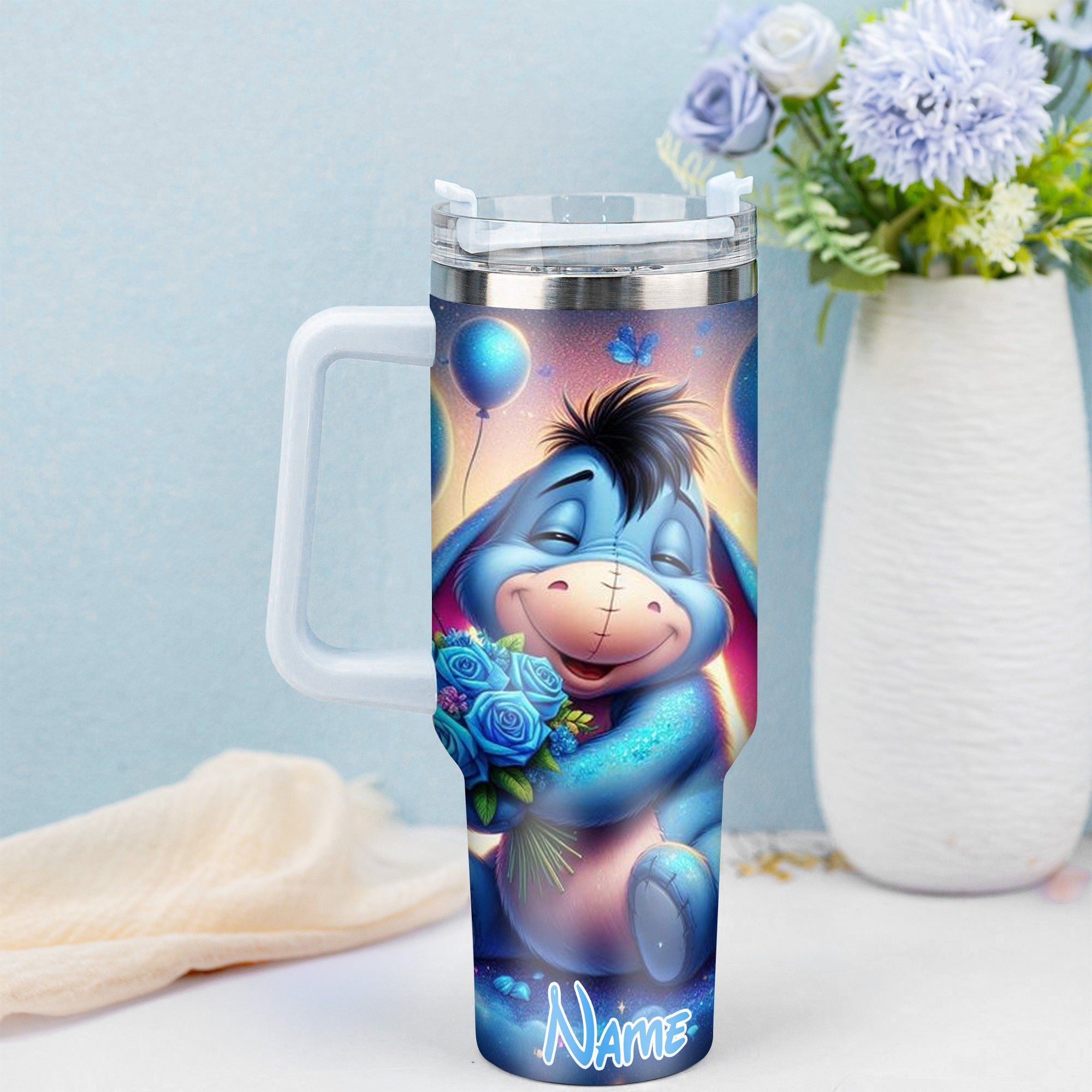 Customizable Adorable Character Tumbler with Galaxy Design & Straw - Image 2