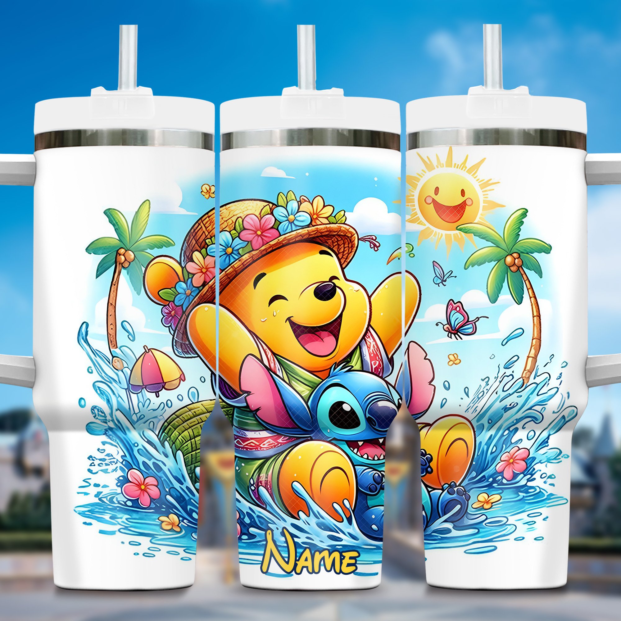 Personalized Tropical Adventure Tumbler with Cute Cartoon Design