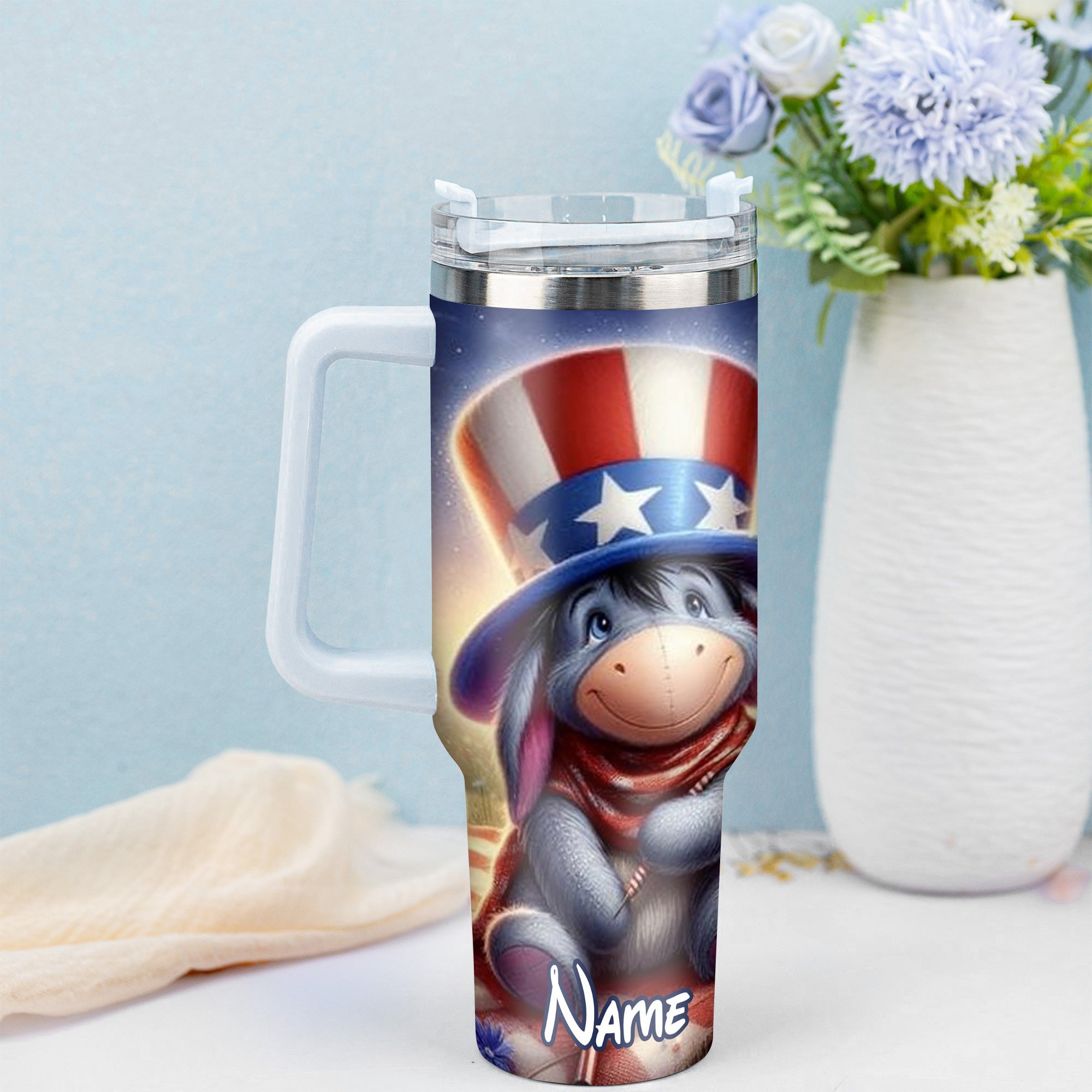 Personalized Patriotic Character Tumbler - Custom Name Fireworks Design - Image 2