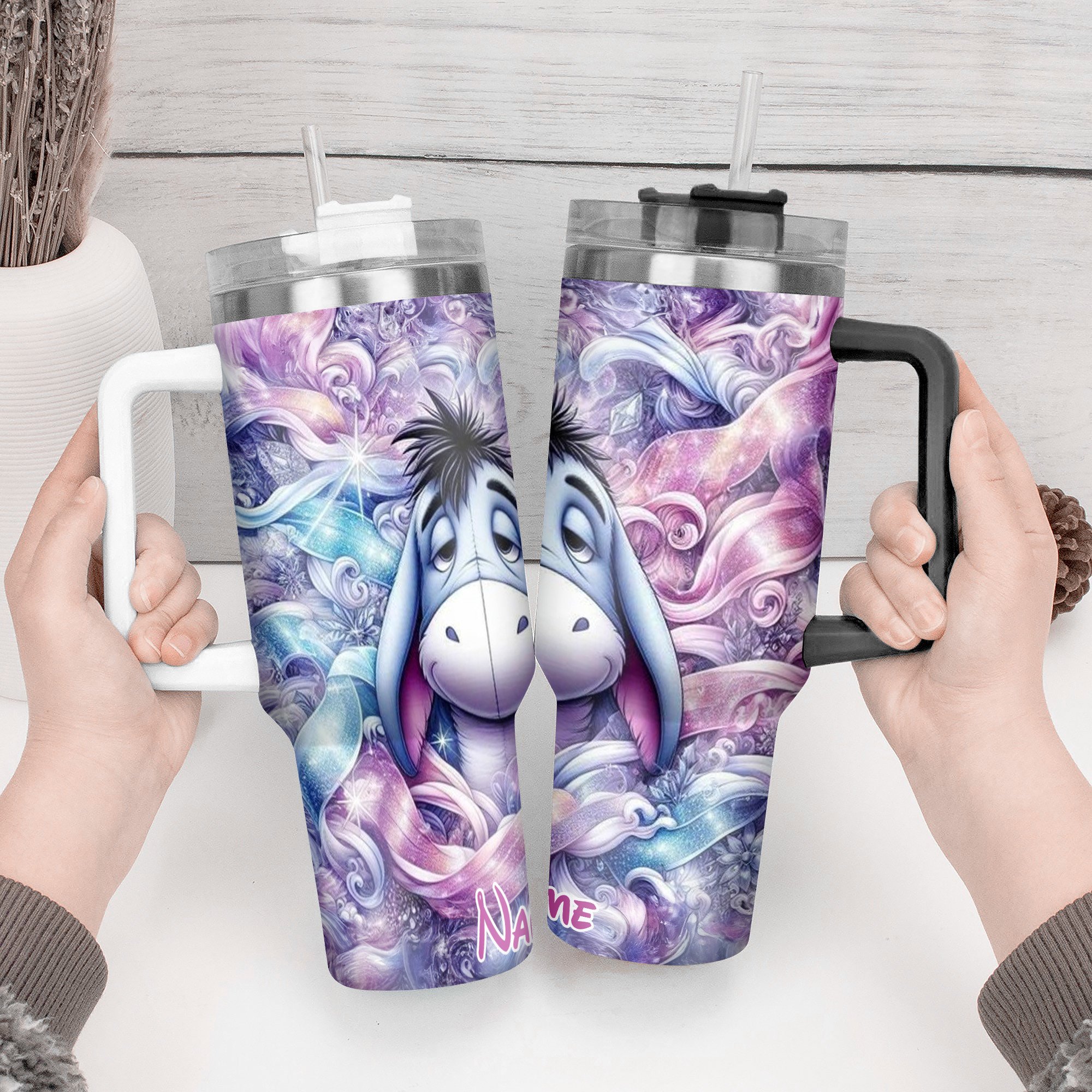 Personalized Eeyore Tumbler - Colorful Swirl Design with Straw - Image 2