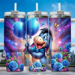 Personalized Cartoon Tumbler with Blue Balloons & Roses - Perfect Gift!