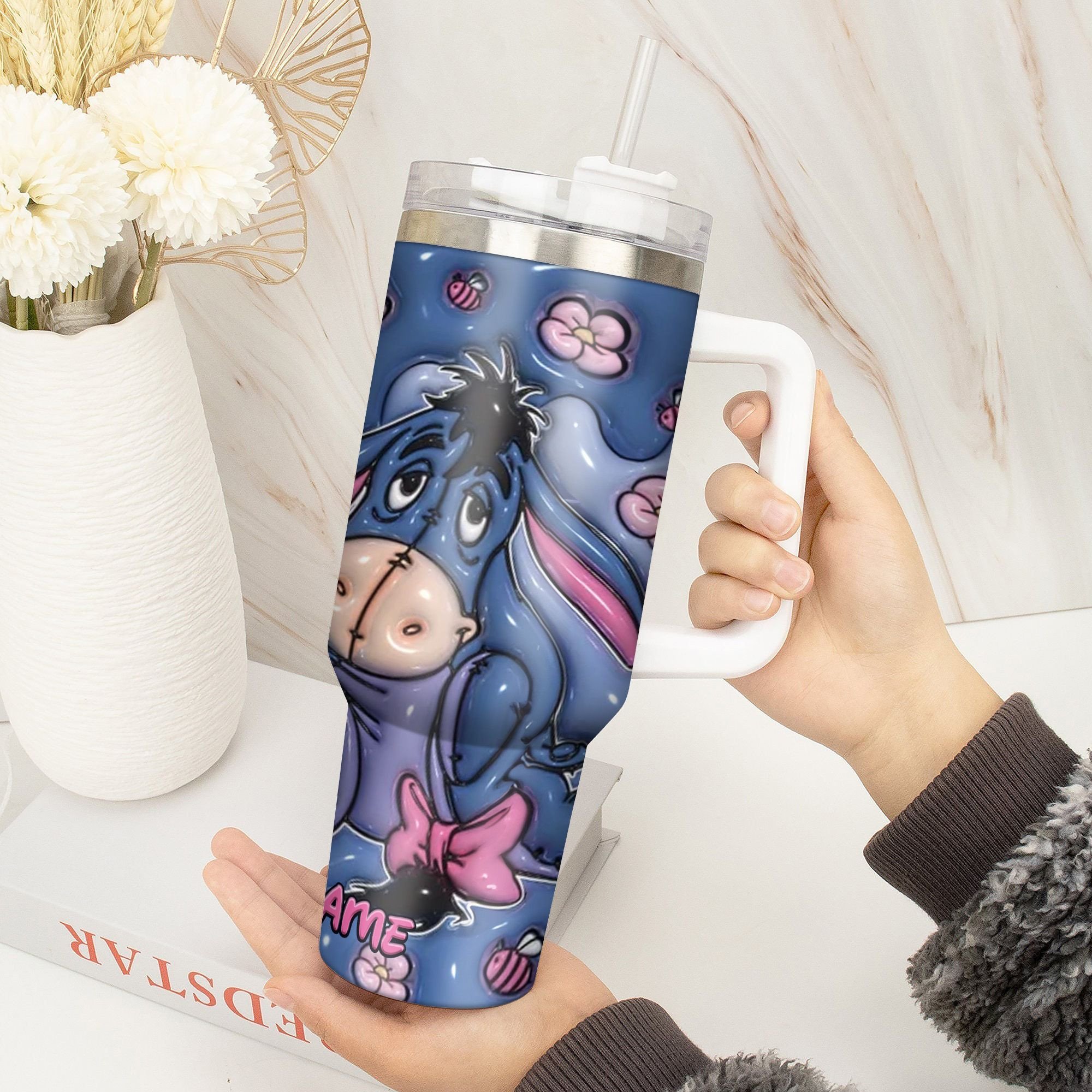 Cute Floral Cartoon Character Tumbler with Straw - Personalized Drinkware Gift - Image 2