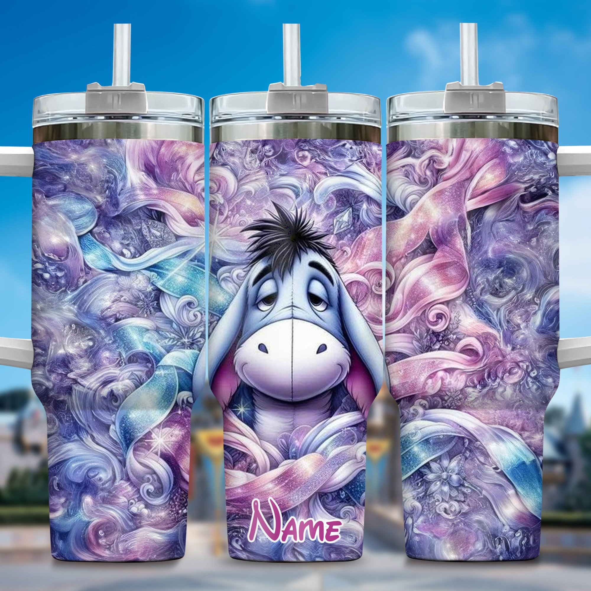 Personalized Eeyore Tumbler - Colorful Swirl Design with Straw