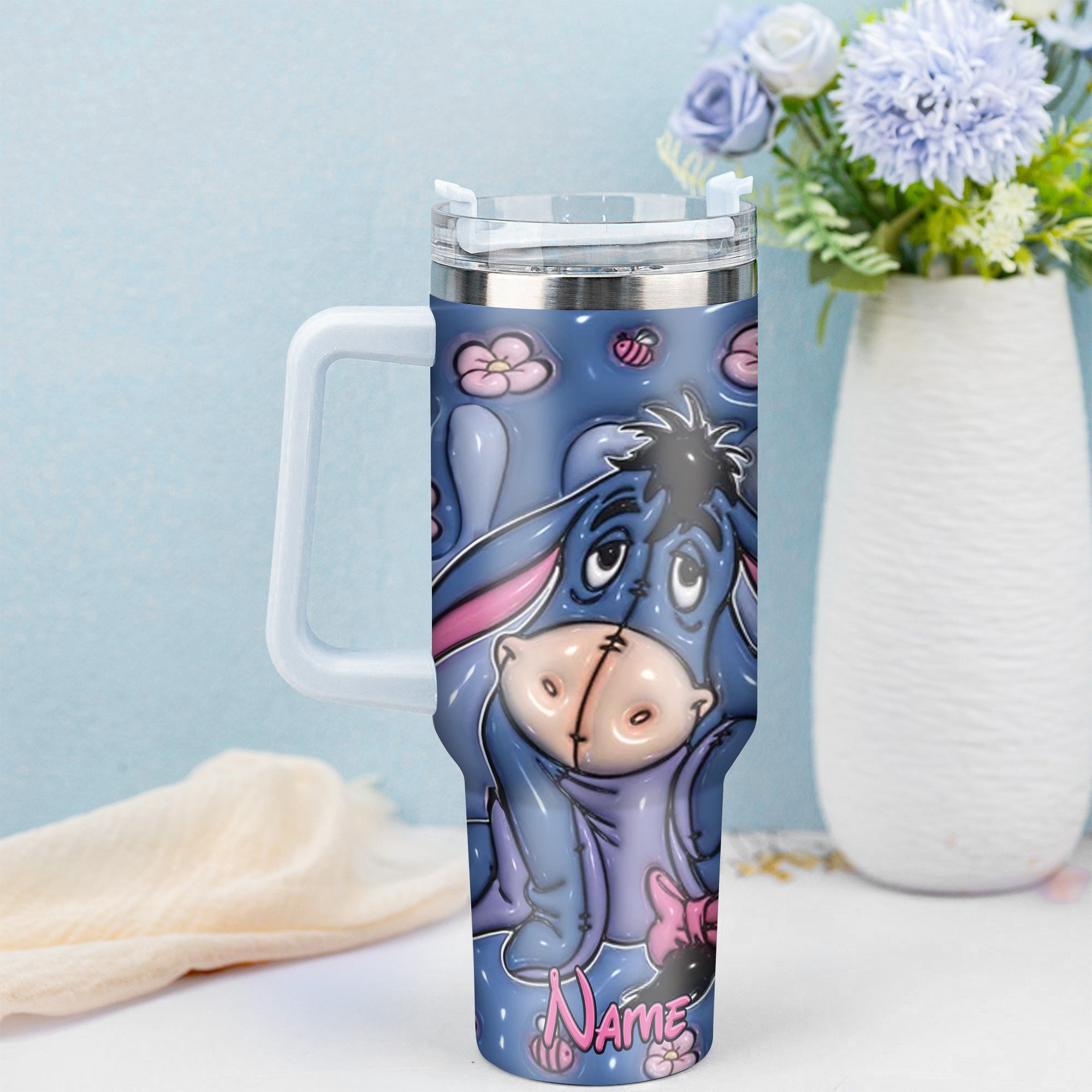 Cute Floral Cartoon Character Tumbler with Straw - Personalized Drinkware Gift - Image 3