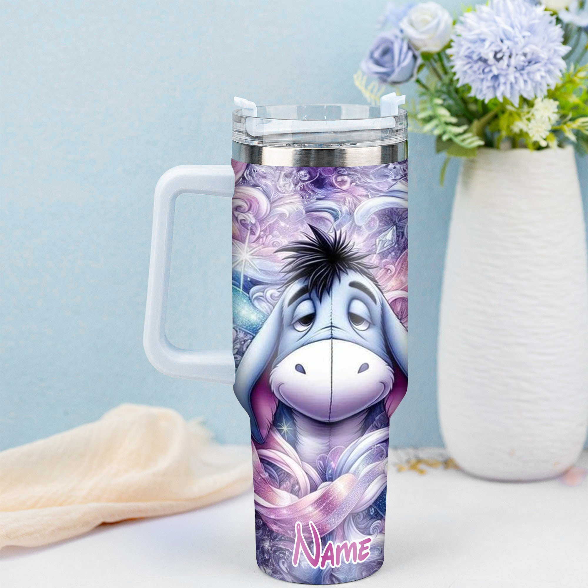 Personalized Eeyore Tumbler - Colorful Swirl Design with Straw - Image 4