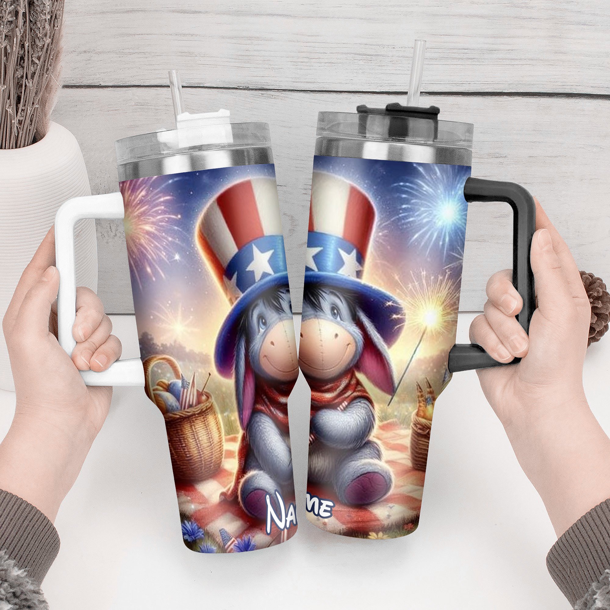 Personalized Patriotic Character Tumbler - Custom Name Fireworks Design - Image 3