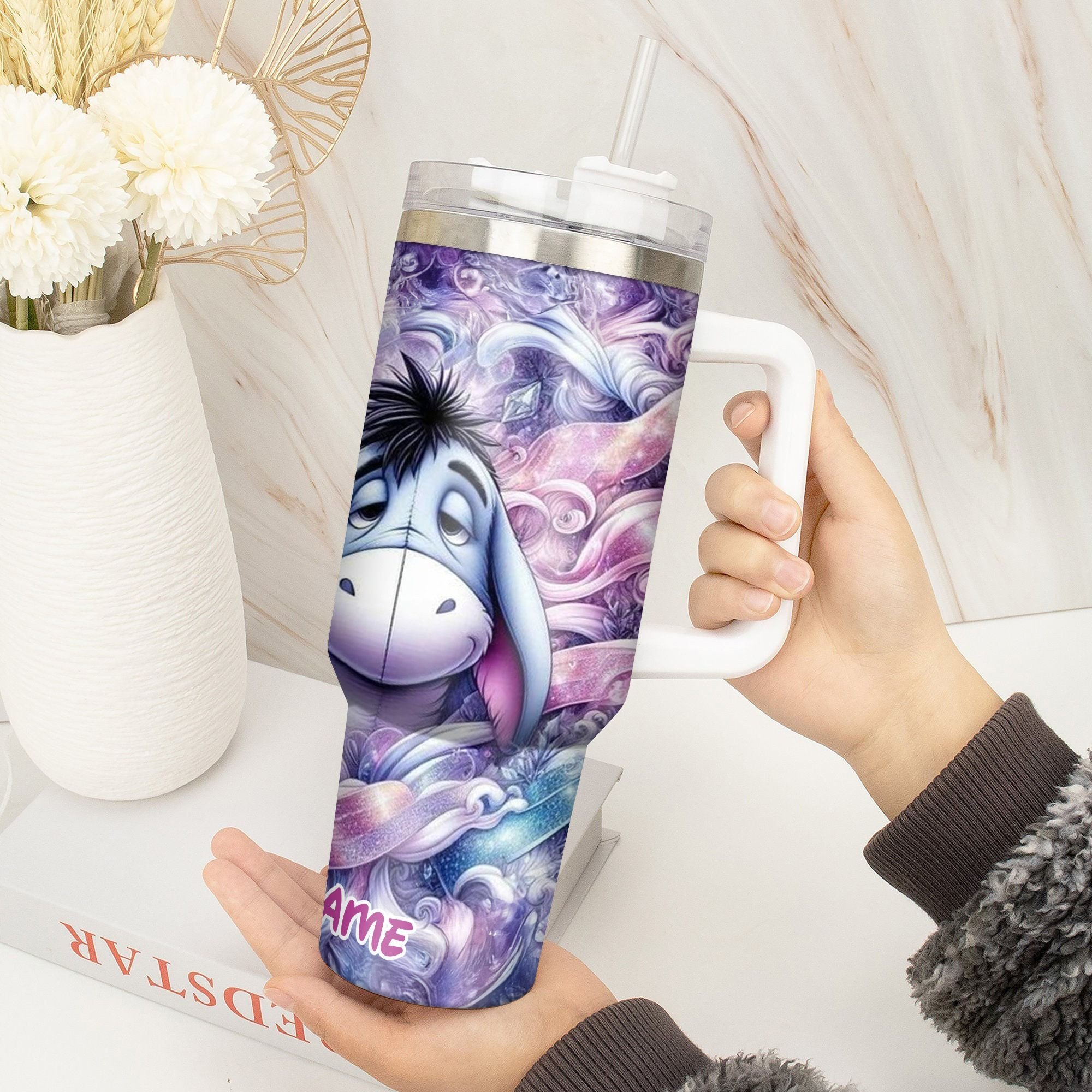 Personalized Eeyore Tumbler - Colorful Swirl Design with Straw - Image 3