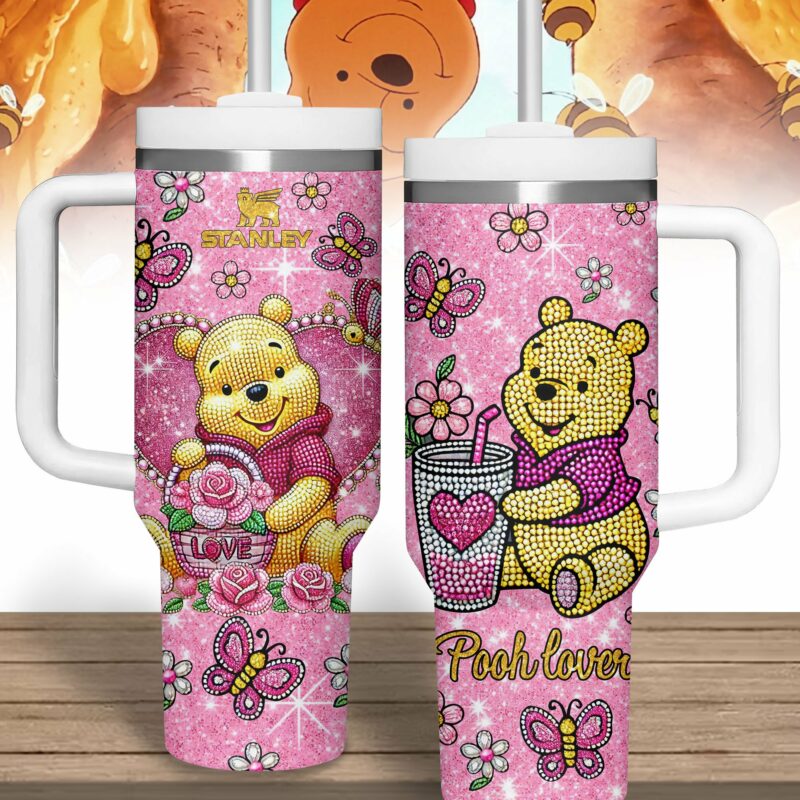 Winnie The Pooh Cartoon Valentine Custom Stanley Quencher 40oz Stainless Steel Tumbler With Handle - Threewoofs
