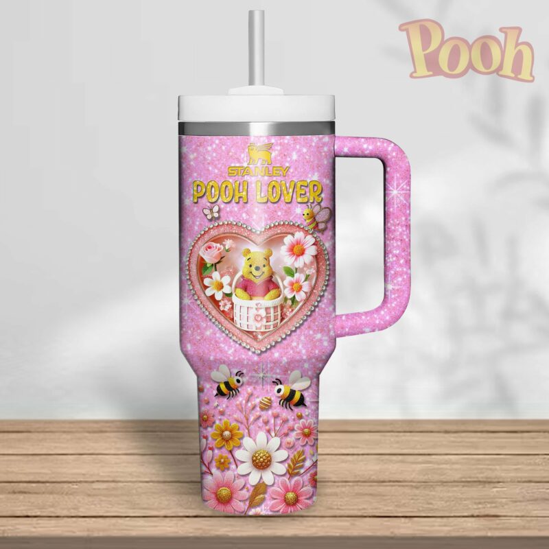 Winnie The Pooh Cartoon Valentine Custom Stanley Quencher 40oz Stainless Steel Tumbler With Handle - Threewoofs - Image 3
