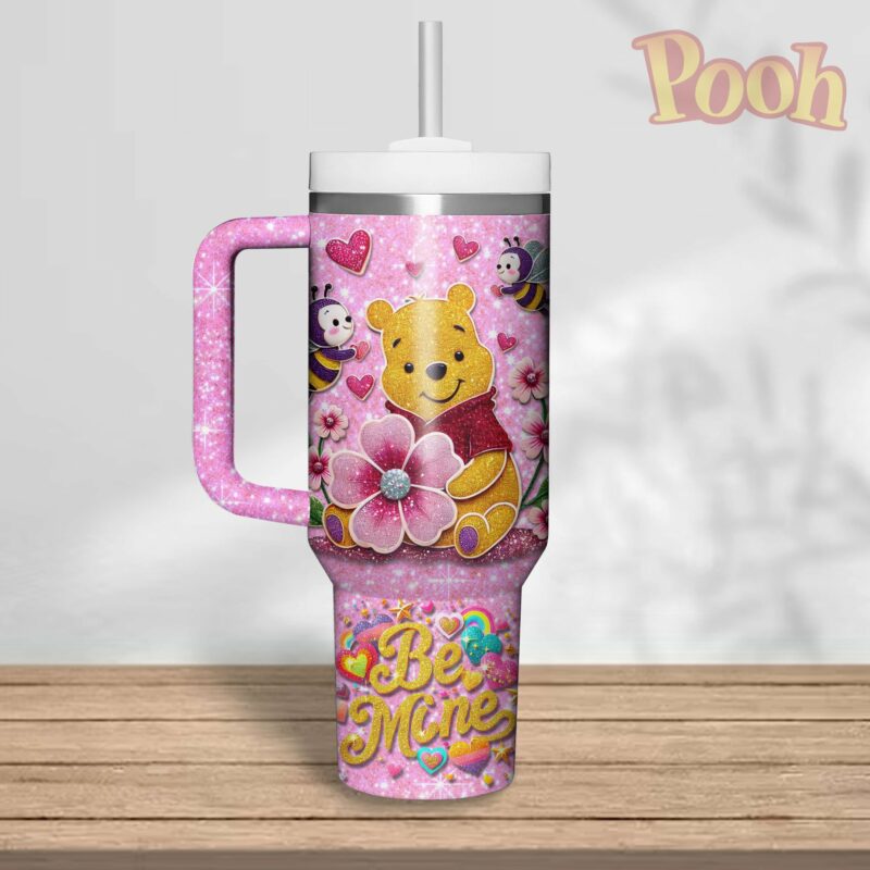 Winnie The Pooh Cartoon Valentine Custom Stanley Quencher 40oz Stainless Steel Tumbler With Handle - Threewoofs - Image 2