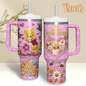 Winnie The Pooh Cartoon Valentine Custom Stanley Quencher 40oz Stainless Steel Tumbler With Handle - Threewoofs