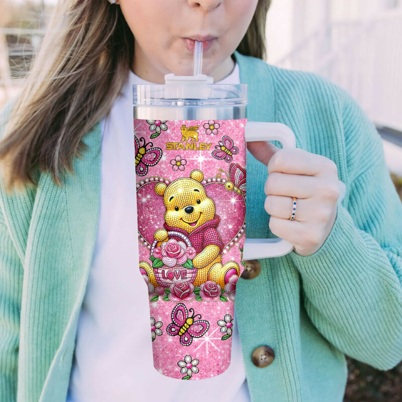 Winnie The Pooh Cartoon Valentine Custom Stanley Quencher 40oz Stainless Steel Tumbler With Handle - Threewoofs - Image 4