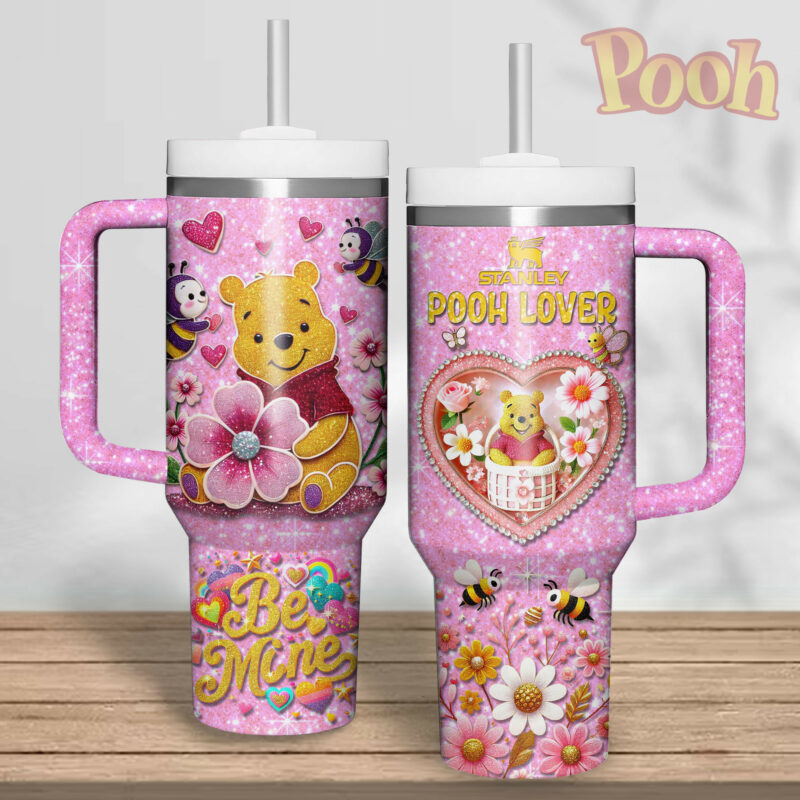 Winnie The Pooh Cartoon Valentine Custom Stanley Quencher 40oz Stainless Steel Tumbler With Handle - Threewoofs - Image 4