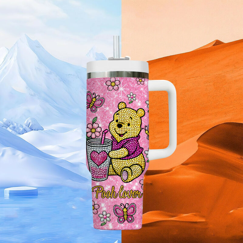Winnie The Pooh Cartoon Valentine Custom Stanley Quencher 40oz Stainless Steel Tumbler With Handle - Threewoofs - Image 3