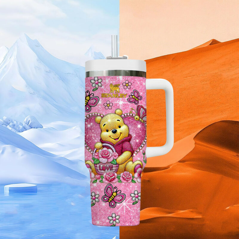 Winnie The Pooh Cartoon Valentine Custom Stanley Quencher 40oz Stainless Steel Tumbler With Handle - Threewoofs - Image 2