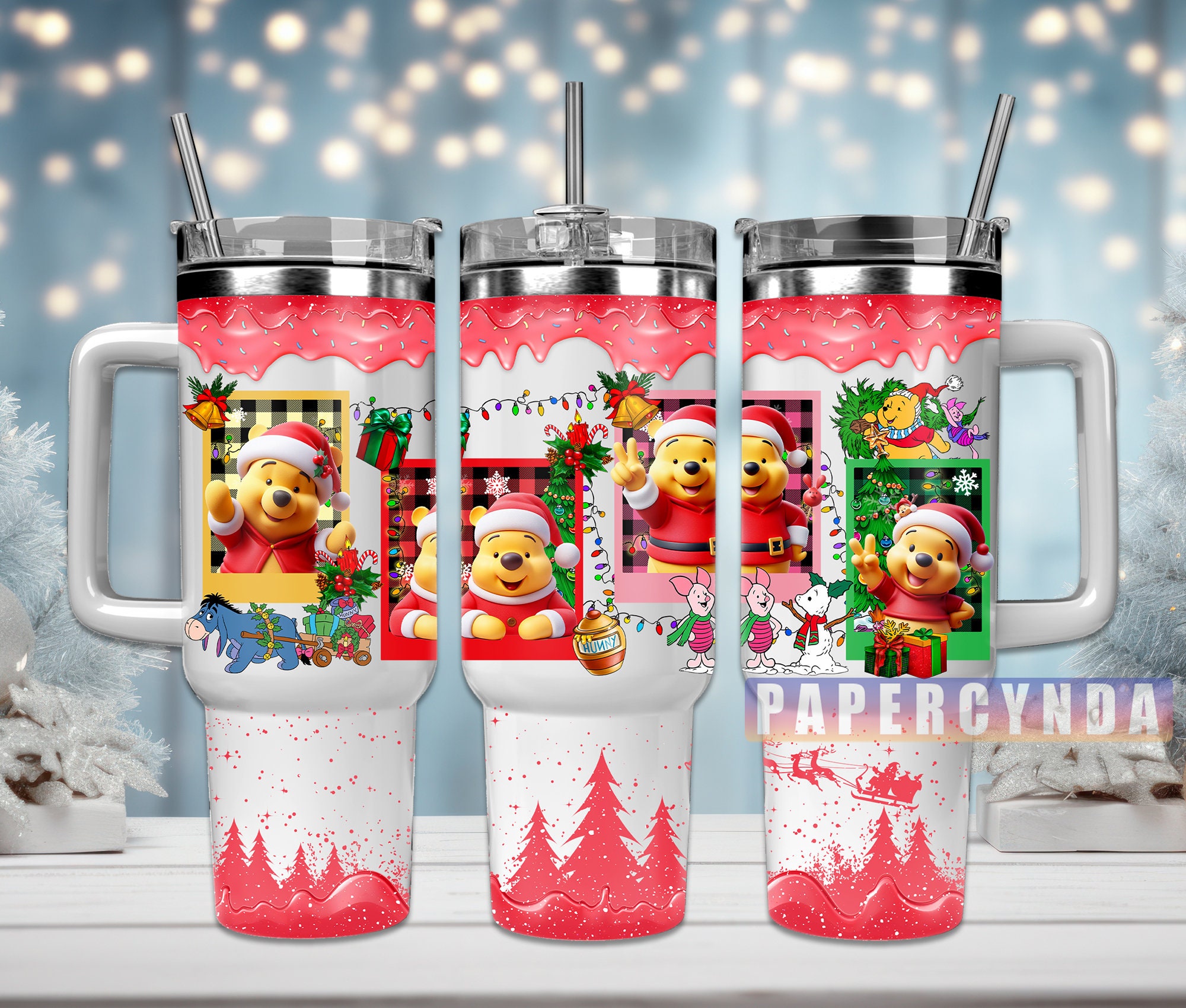 Festive Holiday Tumbler with Handle - Christmas Cartoon Design Mug