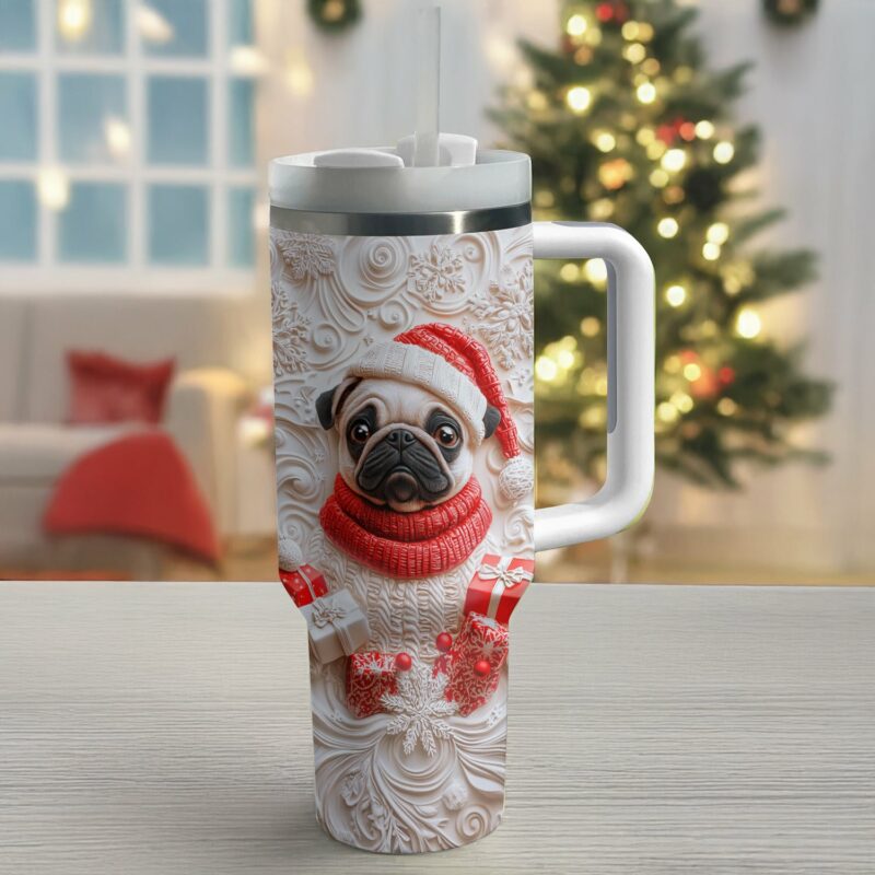 Wintery Puggy Christmas Custom Stanley Quencher 40oz Stainless Steel Tumbler With Handle - Threewoofs - Image 2