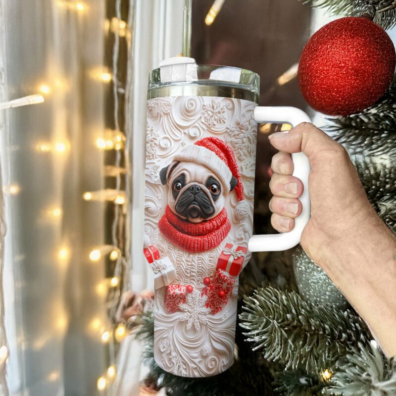 Wintery Puggy Christmas Custom Stanley Quencher 40oz Stainless Steel Tumbler With Handle - Threewoofs - Image 3