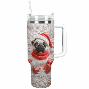 Wintery Puggy Christmas Custom Stanley Quencher 40oz Stainless Steel Tumbler With Handle - Threewoofs