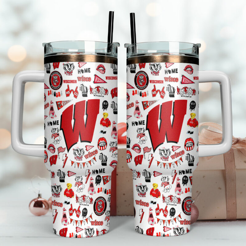 Wisconsin Badgers NCAA Sports Custom Stanley Quencher 40oz Stainless Steel Tumbler With Handle - Threewoofs - Image 4