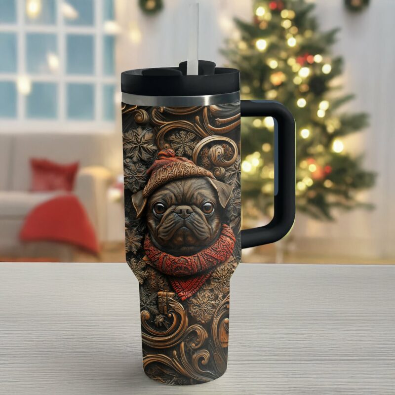 Wooden Christmas Pug Custom Stanley Quencher 40oz Stainless Steel Tumbler With Handle - Threewoofs - Image 2