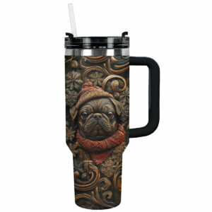 Wooden Christmas Pug Custom Stanley Quencher 40oz Stainless Steel Tumbler With Handle - Threewoofs