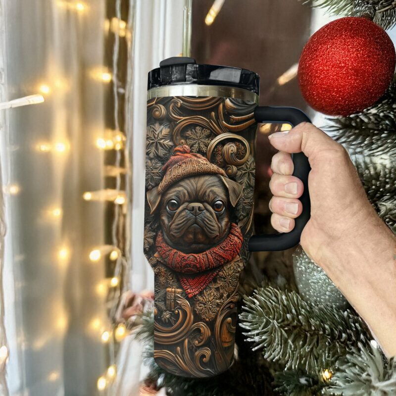 Wooden Christmas Pug Custom Stanley Quencher 40oz Stainless Steel Tumbler With Handle - Threewoofs - Image 3
