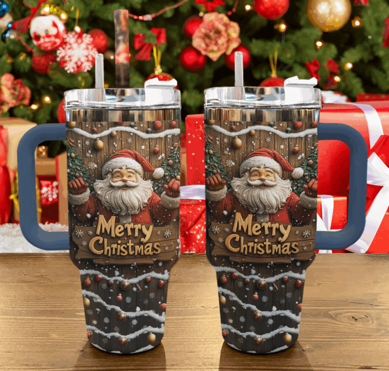 Wooden Santa Delight Christmas Custom Stanley Quencher 40oz Stainless Steel Tumbler With Handle - Threewoofs - Image 2