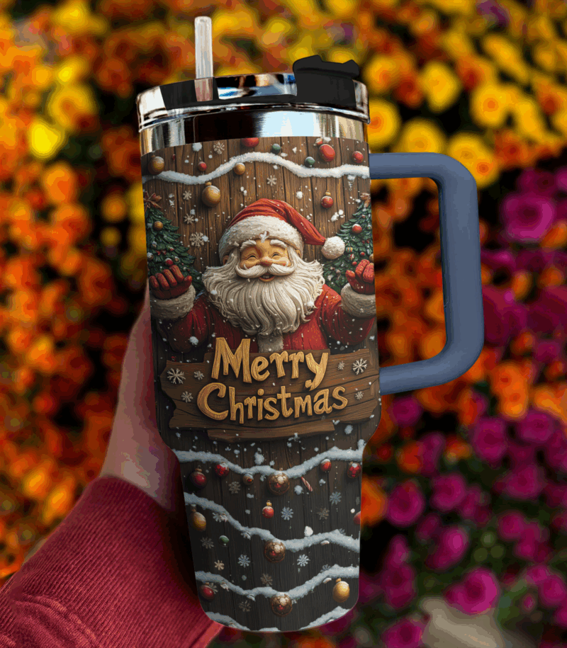 Wooden Santa Delight Christmas Custom Stanley Quencher 40oz Stainless Steel Tumbler With Handle - Threewoofs - Image 3