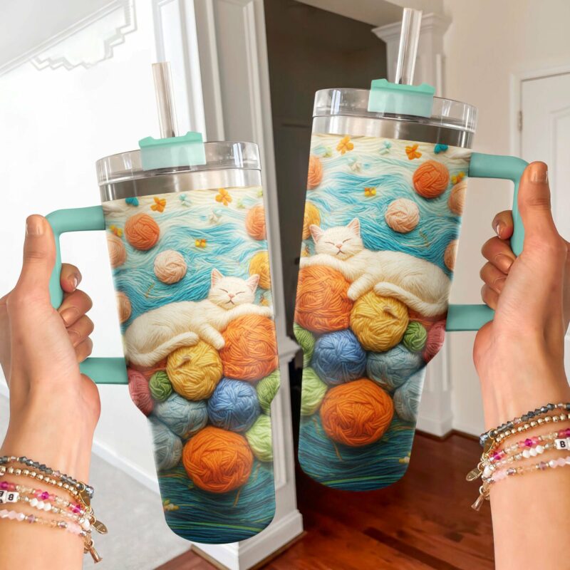 Wool Cat Custom Stanley Quencher 40oz Stainless Steel Tumbler With Handle - Threewoofs - Image 3