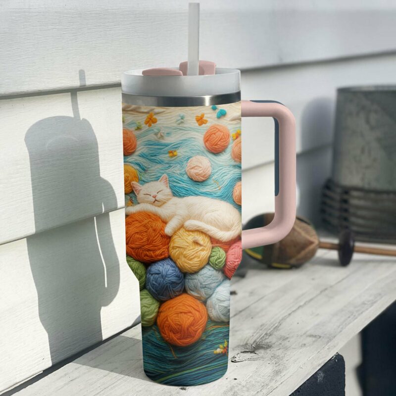 Wool Cat Custom Stanley Quencher 40oz Stainless Steel Tumbler With Handle - Threewoofs - Image 2