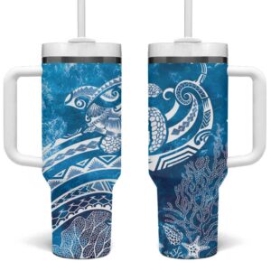 World Ocean Day Polynesian Pattern Custom Stanley Quencher 40oz Stainless Steel Tumbler With Handle - Threewoofs