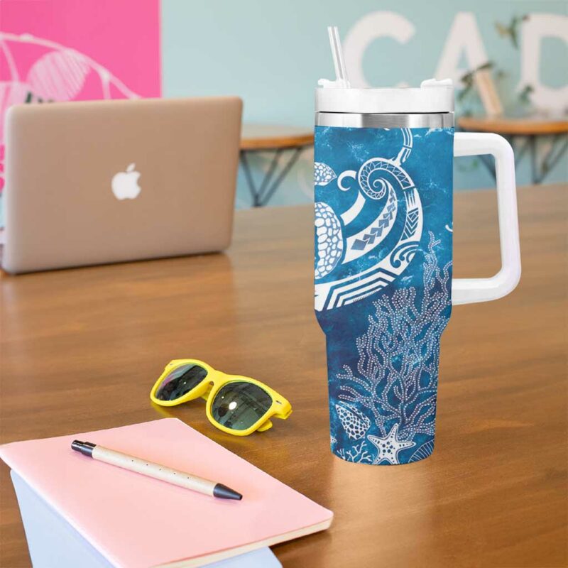 World Ocean Day Polynesian Pattern Custom Stanley Quencher 40oz Stainless Steel Tumbler With Handle - Threewoofs - Image 5