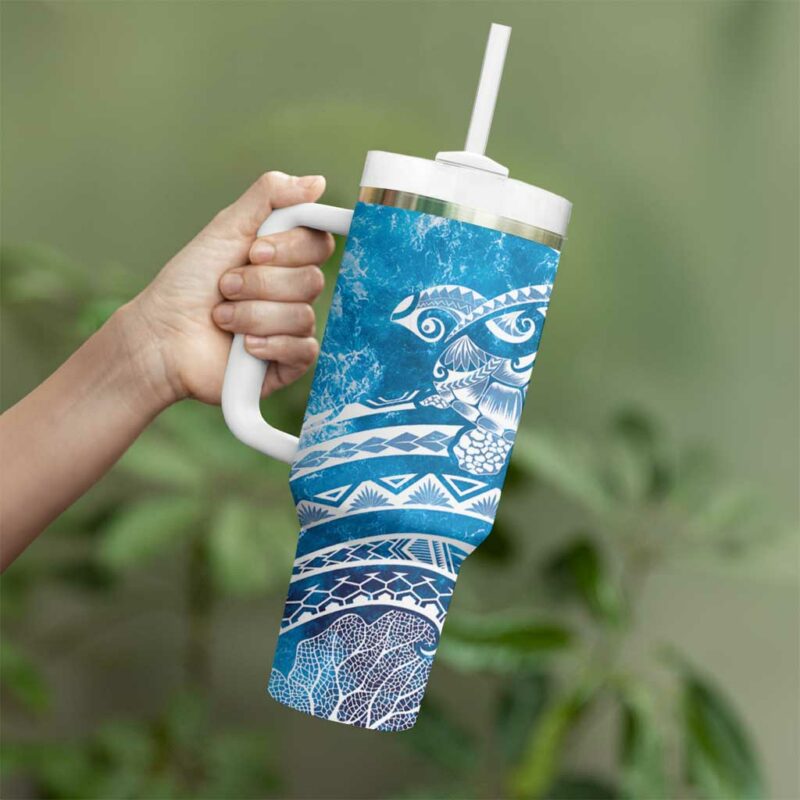 World Ocean Day Polynesian Pattern Custom Stanley Quencher 40oz Stainless Steel Tumbler With Handle - Threewoofs - Image 3