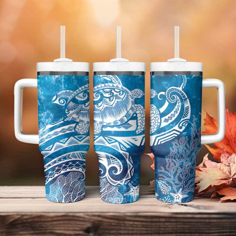 World Ocean Day Polynesian Pattern Custom Stanley Quencher 40oz Stainless Steel Tumbler With Handle - Threewoofs - Image 4