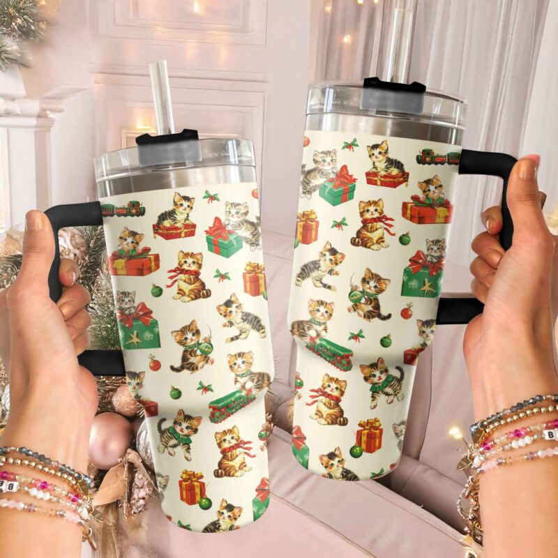 Xmas Kitty Christmas Custom Stanley Quencher 40oz Stainless Steel Tumbler With Handle - Threewoofs - Image 2
