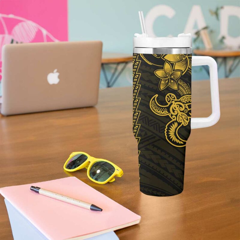 Yellow Hawaiian Kakau Turtle Polynesian Tribal Custom Stanley Quencher 40oz Stainless Steel Tumbler With Handle - Threewoofs - Image 5