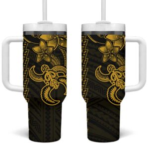 Yellow Hawaiian Kakau Turtle Polynesian Tribal Custom Stanley Quencher 40oz Stainless Steel Tumbler With Handle - Threewoofs