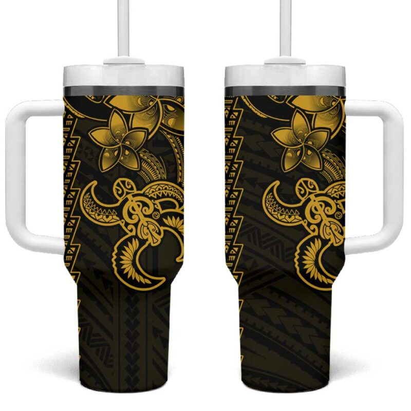 Yellow Hawaiian Kakau Turtle Polynesian Tribal Custom Stanley Quencher 40oz Stainless Steel Tumbler With Handle - Threewoofs