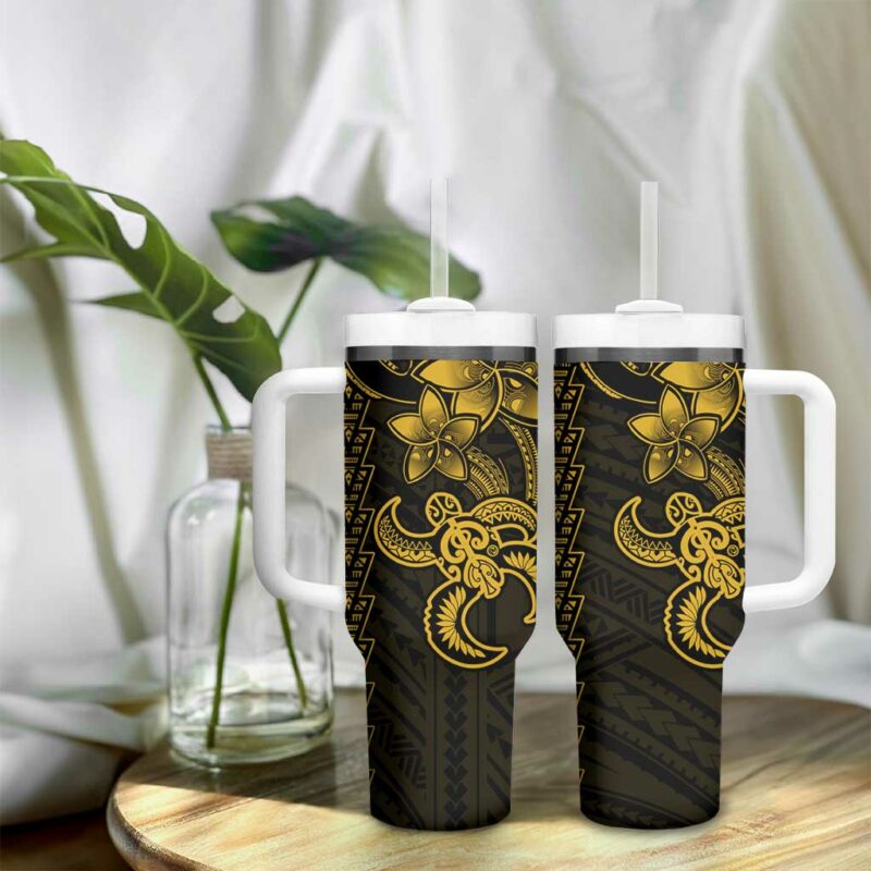 Yellow Hawaiian Kakau Turtle Polynesian Tribal Custom Stanley Quencher 40oz Stainless Steel Tumbler With Handle - Threewoofs - Image 9