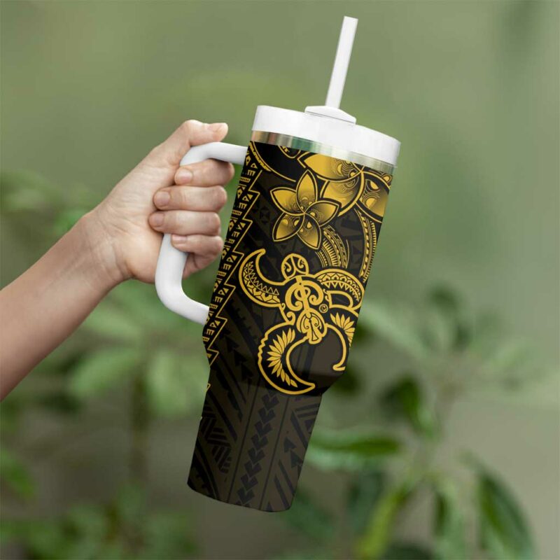 Yellow Hawaiian Kakau Turtle Polynesian Tribal Custom Stanley Quencher 40oz Stainless Steel Tumbler With Handle - Threewoofs - Image 3
